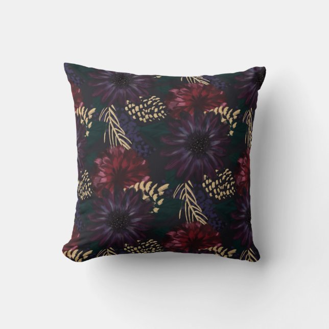 Moody Florals, Gold Pinecone & Spruce Christmas Throw Pillow (Front)