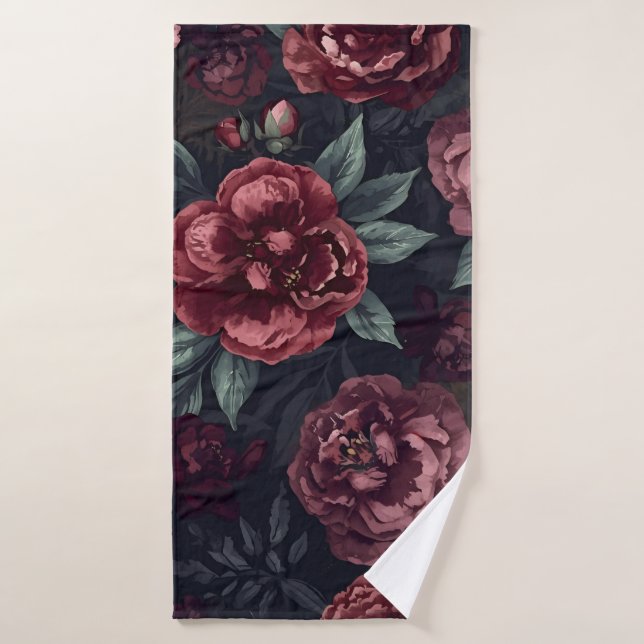 Moody Florals Watercolor Dark Red Pattern Bath Towel (Bath Towel)