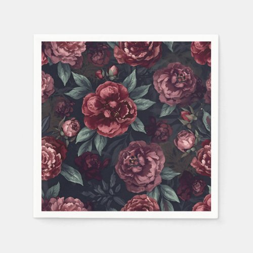 Moody Florals Watercolor Dark Red Pattern Napkins
