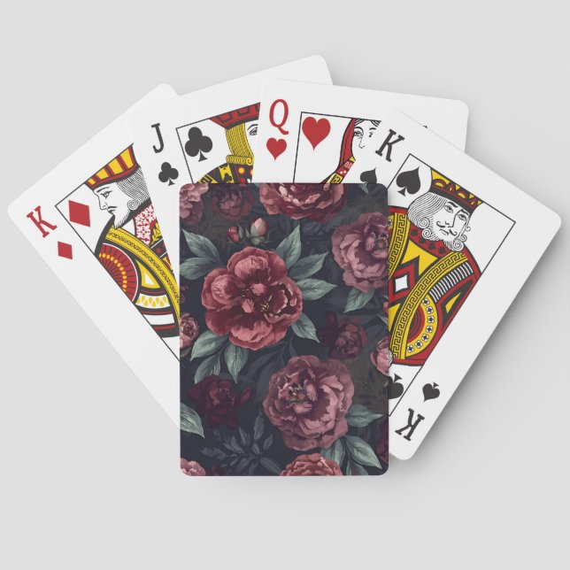 Moody Florals Watercolor Dark Red Pattern Poker Cards (Back)
