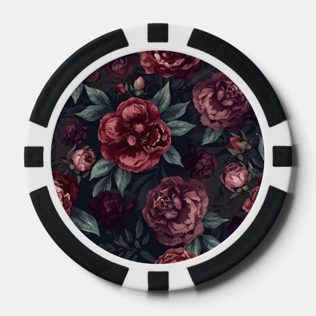 Moody Florals Watercolor Dark Red Pattern Poker Chips (Front)