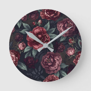 Moody Florals Watercolor Dark Red Pattern Round Clock