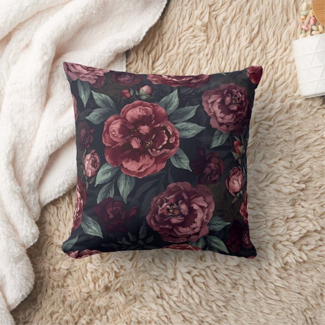 Moody Florals Watercolor Dark Red Pattern Throw Pillow (Blanket)