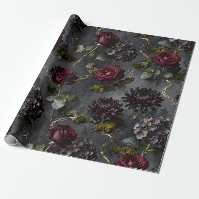 Moody Flower  Dark Floral Gift Wrapping Paper (Unrolled)