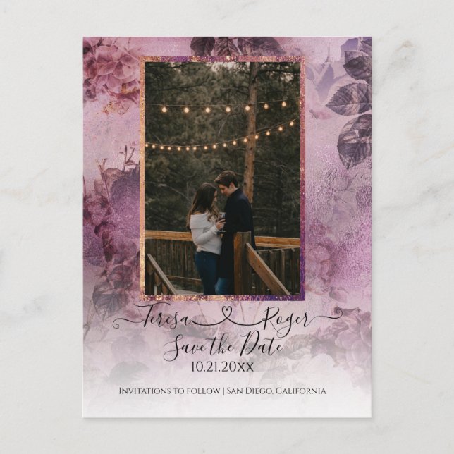 Moody Flowers Purple Heart Join Script w Photo Announcement Postcard (Front)