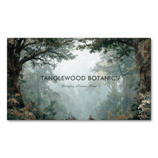 Moody Foggy Forest Mystical Deep Woods Business Card Magnet (Front)