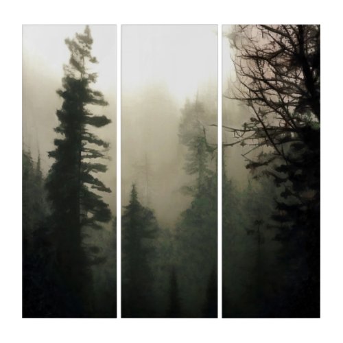 Moody Foggy Treescape Landscape Painting Triptych