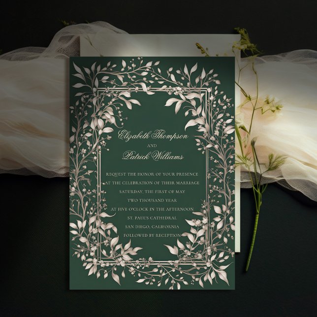 Moody Forest Botanical Emerald Classic Wedding Invitation (moody forest wedding invitation botanical frame dark green vintage elegant classic traditional )