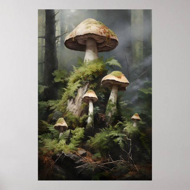 Moody Forest Mushroom Print, Botanical Dark Poster (Front)