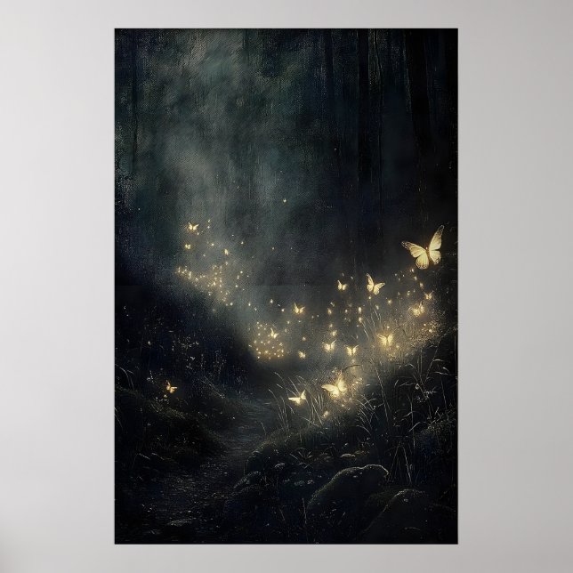 Moody forest with fireflies and butterflies print (Front)