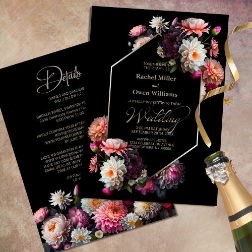 Moody Geometric Black Floral All In One Wedding Invitation