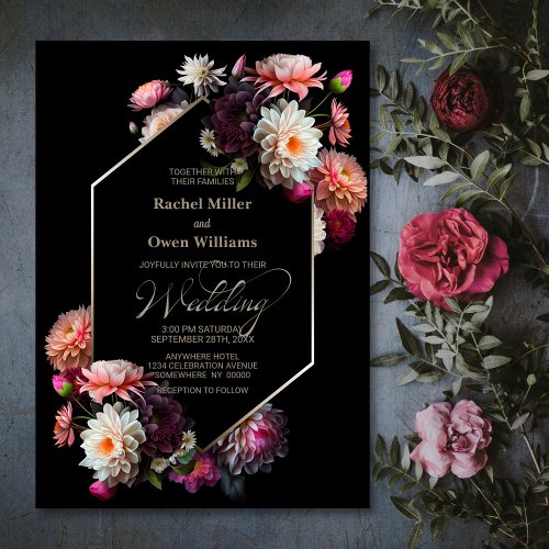 Moody Geometric Black Floral Wedding Invitation