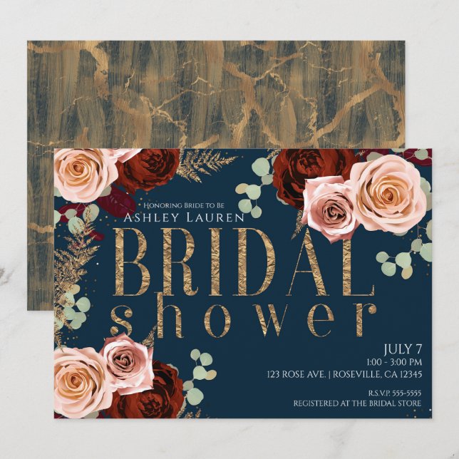 Moody Glam Dark Blue Gold Pink Roses Bridal Shower Invitation (Front/Back)