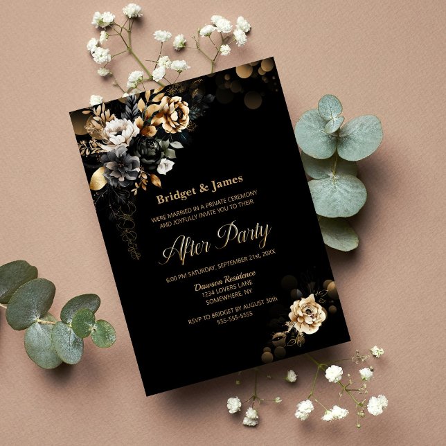 Moody Gold Floral Black Wedding After Party Invitation (Creator Uploaded)