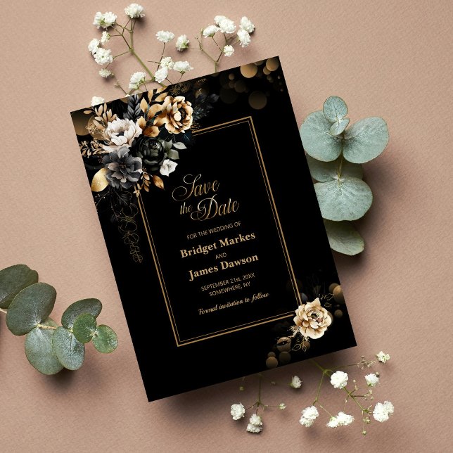 Moody Gold Floral Black Wedding Save The Date (Creator Uploaded)