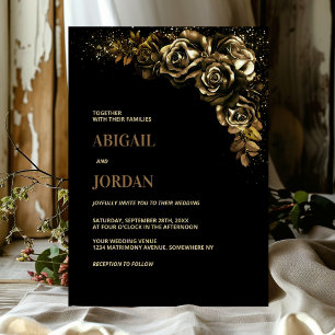 Moody Gold Floral Wedding Invitation