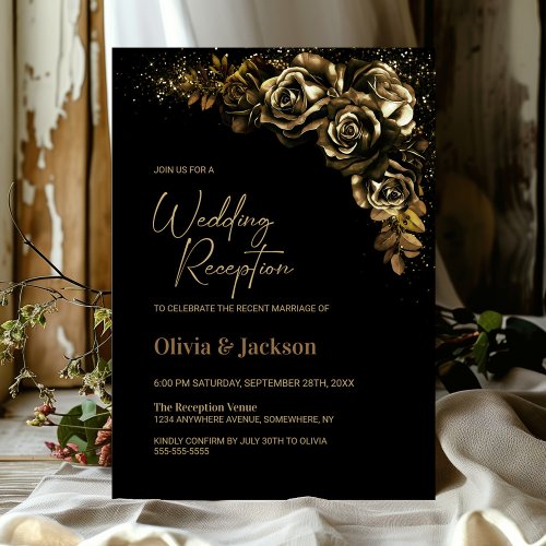 Moody Gold Floral Wedding Reception Invitation