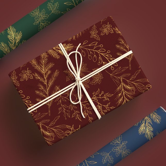 Moody Gold & Jewel Toned Rustic Winter Botanicals Wrapping Paper Sheets (Creator Uploaded)