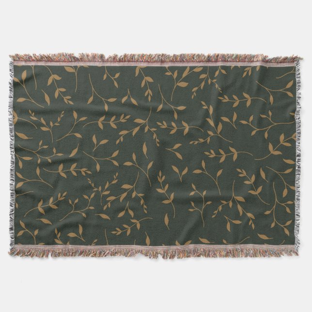 Moody Gold Leaf Forest Green Pattern Throw Blanket (Front)