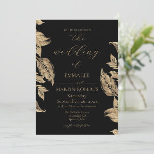 Moody Gold Leafs Elegant Calligraphy Wedding Invitation