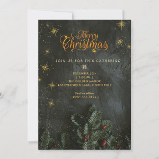 Moody Gold Starry Black Christmas Party Invitation