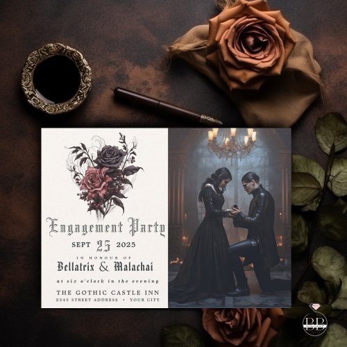 Moody Goth Rosewood Engagement Party  Invitation