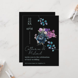 Moody Gothic Black and Midnight Blue Floral Weddin Invitation