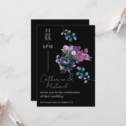 Moody Gothic Black and Midnight Blue Floral Weddin Invitation