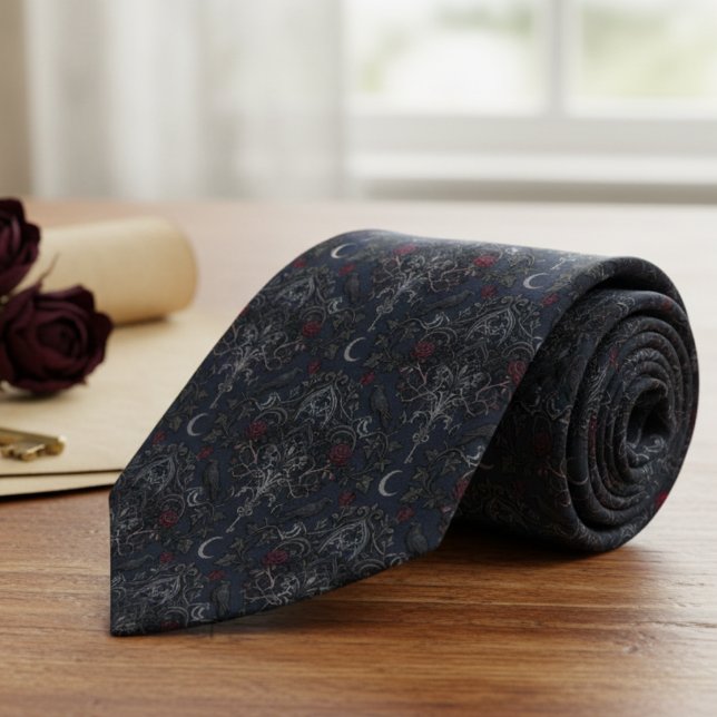Moody Gothic Crow and Crescent Moon Damask Neck Tie (Here's a cool gothic wedding necktie, perfect for your groom's special day.)