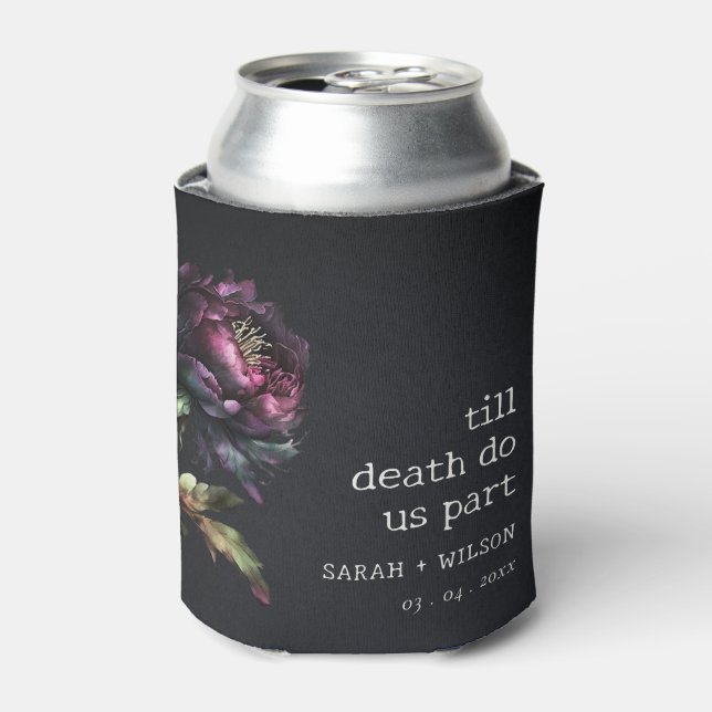 Moody Gothic Dark Purple Black Peony Wedding Can Cooler (Can Front)