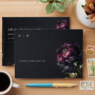 Moody Gothic Dark Purple Black Peony Wedding Envelope