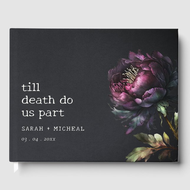 Moody Gothic Dark Purple Black Peony Wedding Guest Book (Front)
