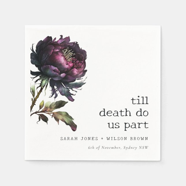 Moody Gothic Dark Purple Black Peony Wedding Napkins (Front)