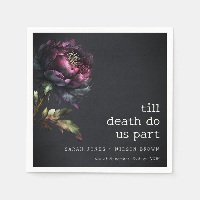 Moody Gothic Dark Purple Black Peony Wedding Napkins (Front)