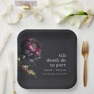 Moody Gothic Dark Purple Black Peony Wedding Paper Plates