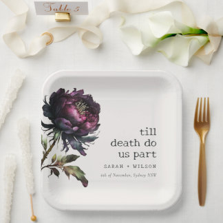 Moody Gothic Dark Purple Black Peony Wedding Paper Plates