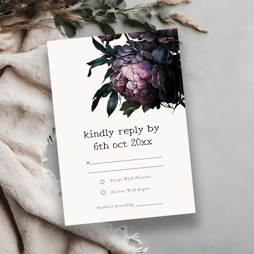 Moody Gothic Dark Purple Black Peony Wedding RSVP Card