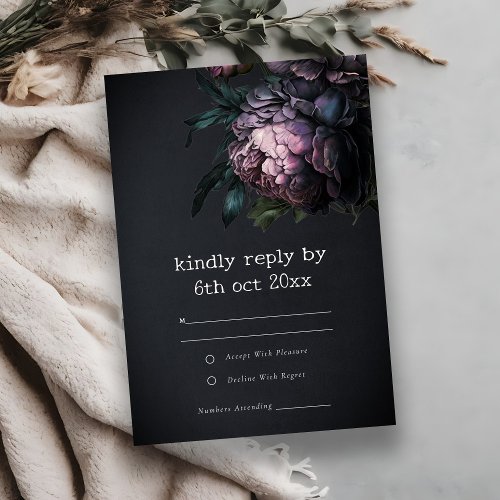 Moody Gothic Dark Purple Black Peony Wedding RSVP Card