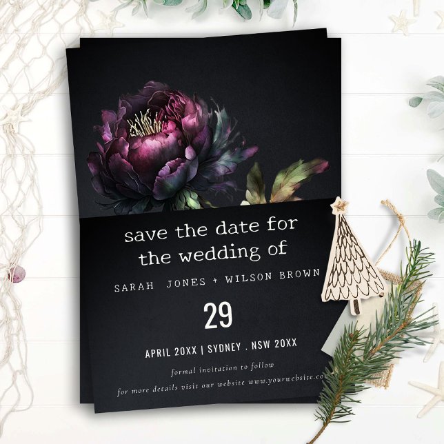 Moody Gothic Dark Purple Black Peony Wedding Save The Date (Creator Uploaded)