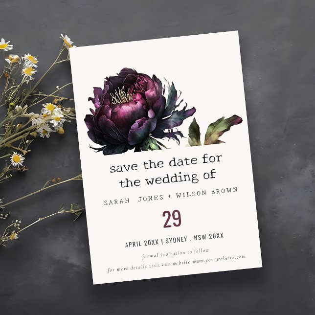 Moody Gothic Dark Purple Black Peony Wedding Save The Date (Creator Uploaded)