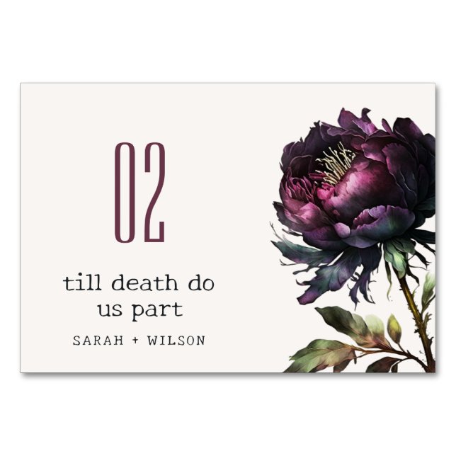 Moody Gothic Dark Purple Black Peony Wedding Table Number (Front)