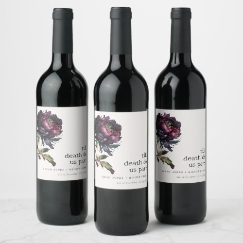 Moody Gothic Dark Purple Black Peony Wedding Wine Label