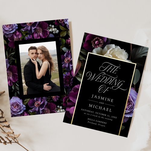 Moody Gothic Floral Photo Wedding Foil Invitation