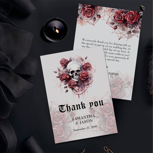 Moody Gothic Floral Skull Halloween Wedding  Thank You Card