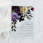 Moody Gothic Floral Wedding Acrylic Invitations<br><div class="desc">Elegant moody floral wedding invitations featuring an arrangement of purple and burgundy flowers, lush green foliage, and dark berries at the top left corner of the design with a frosted or transparent acrylic background. "The Wedding Of" is displayed in elegant, modern typography. Personalize the purple floral wedding invitation with your...</div>