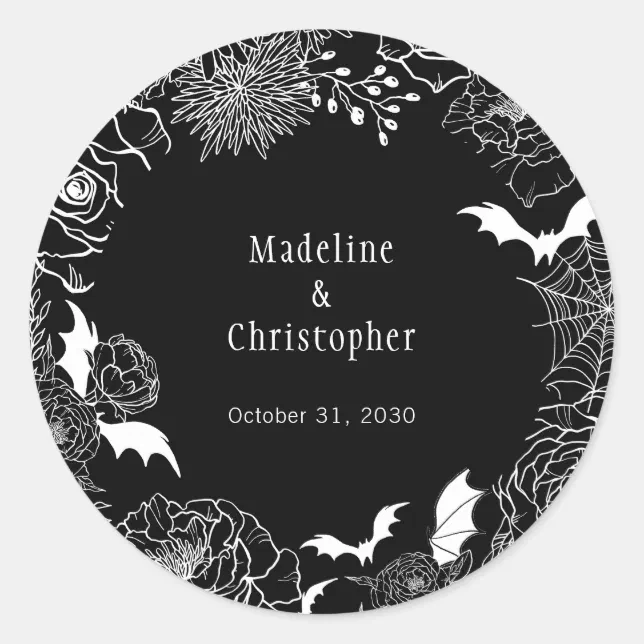 Moody Gothic Floral Wedding Black Classic Round Sticker | Zazzle