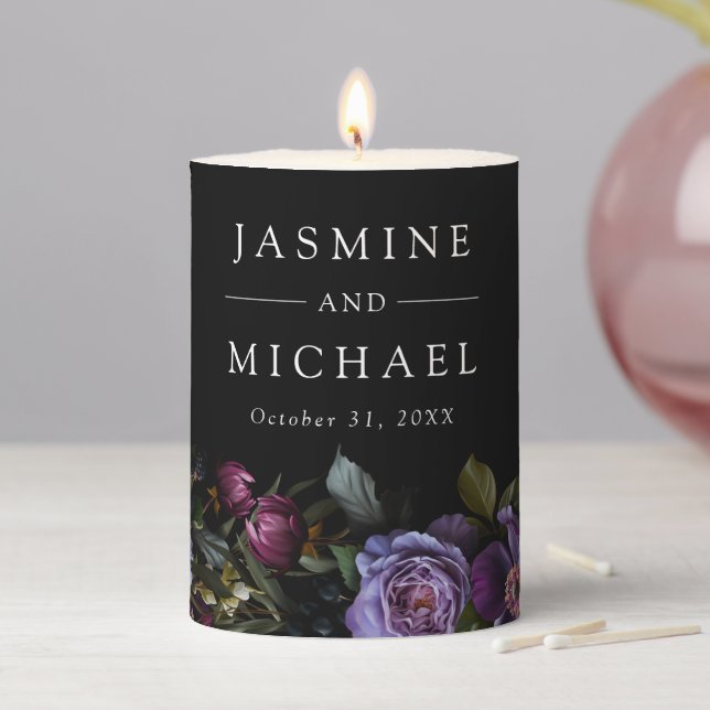 Moody Gothic Floral Wedding Pillar Candle (In Situ)