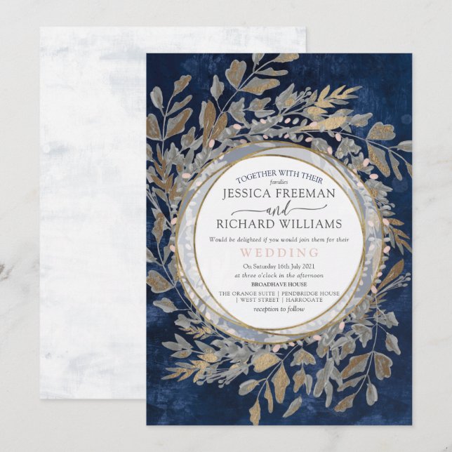 Moody Gothic Floral Wreath,  Navy and blush Invitation (Front/Back)
