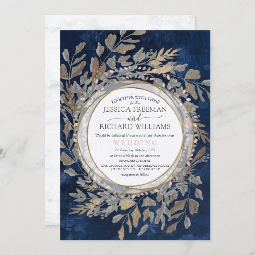 Moody Gothic Floral Wreath  Navy and blush Invitation