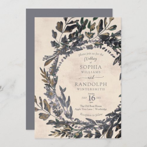 Moody Gothic Floral Wreath steel grey gold Invitation